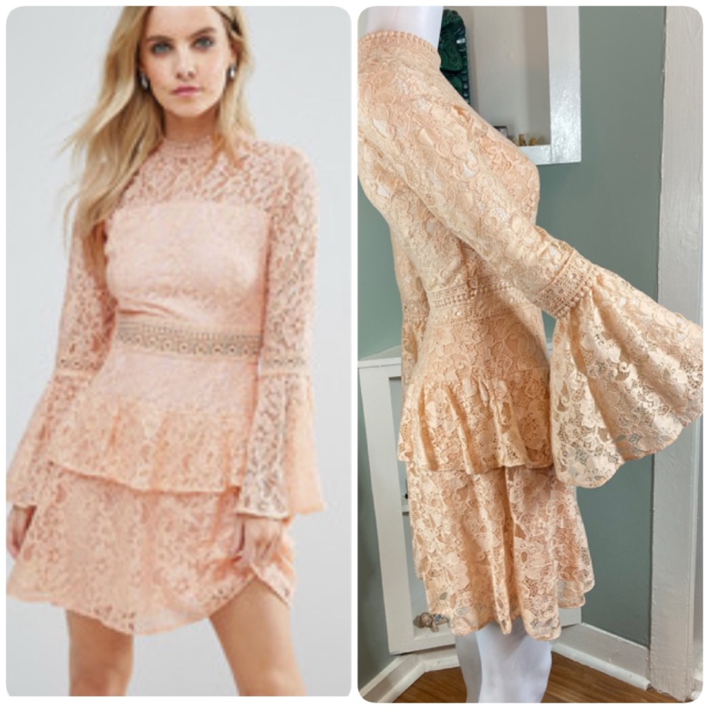 John Zack! Zack Petites Lace Bell Sleeve Mini Dress Peach Tiered XSmall XS Mod - Picture 2 of 16